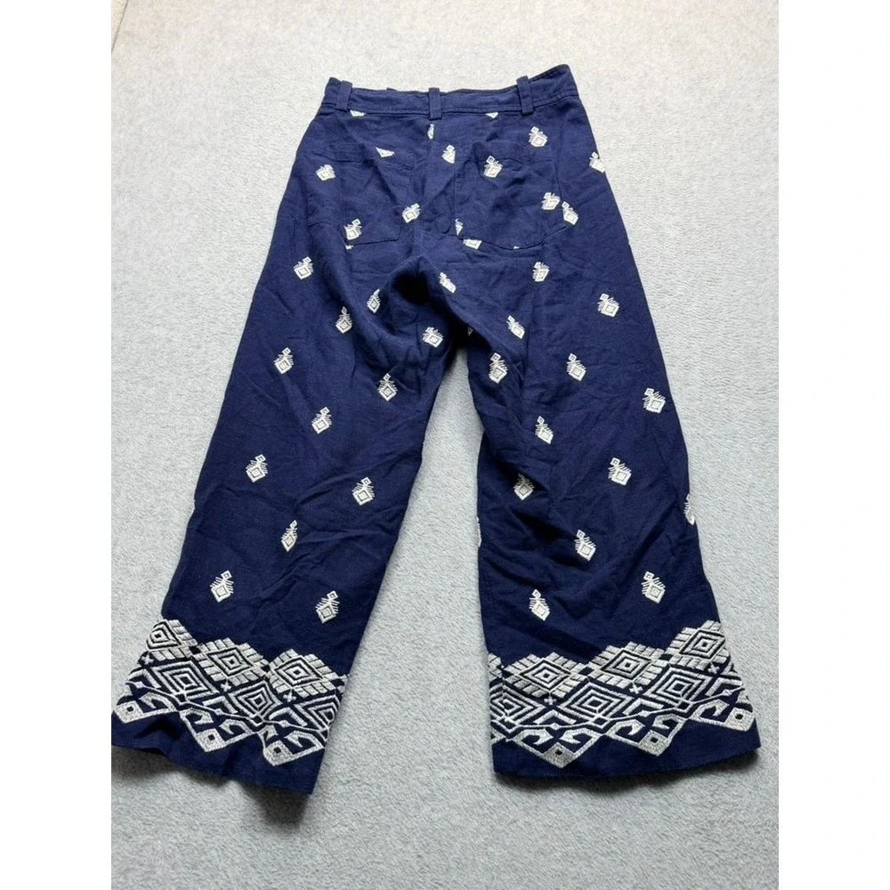 Zara Navy Blue Embroidered Linen Blend Wide Leg Pants Boho Geometric Womens S